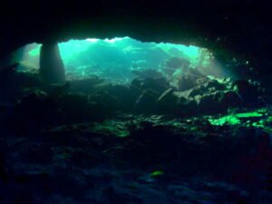 Turquoise light at the underwater cave entrance at Peacock Springs