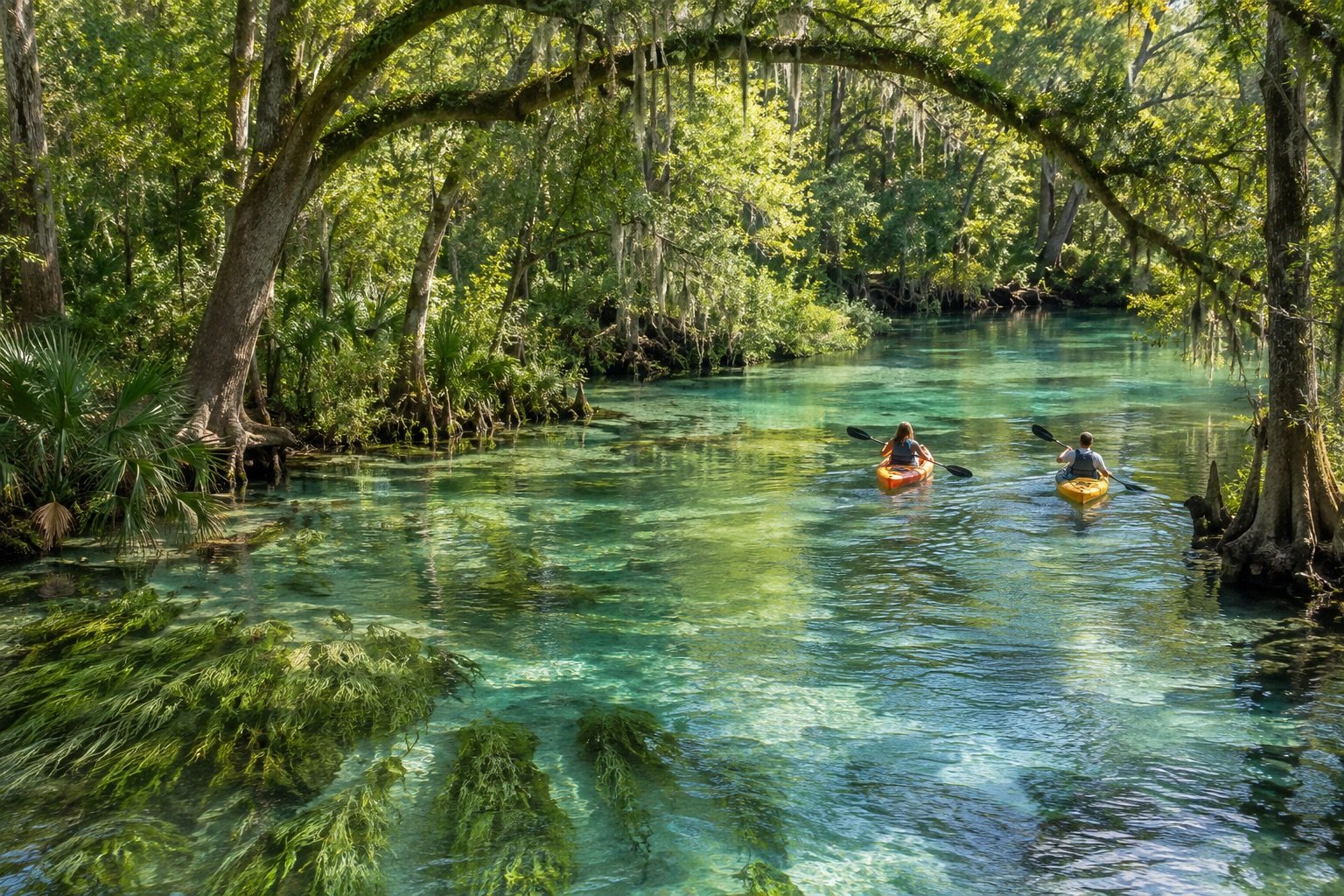 AI-generated illustration: A kayaker paddling through a clear turquoise spring run.