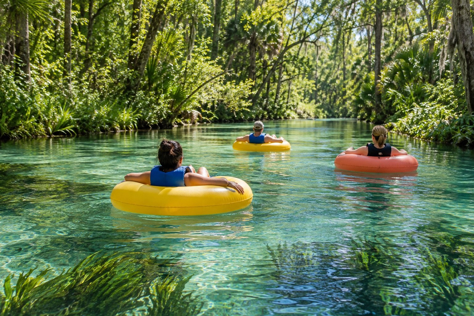 AI-generated illustration: Colorful tubes floating on a wooded spring run.