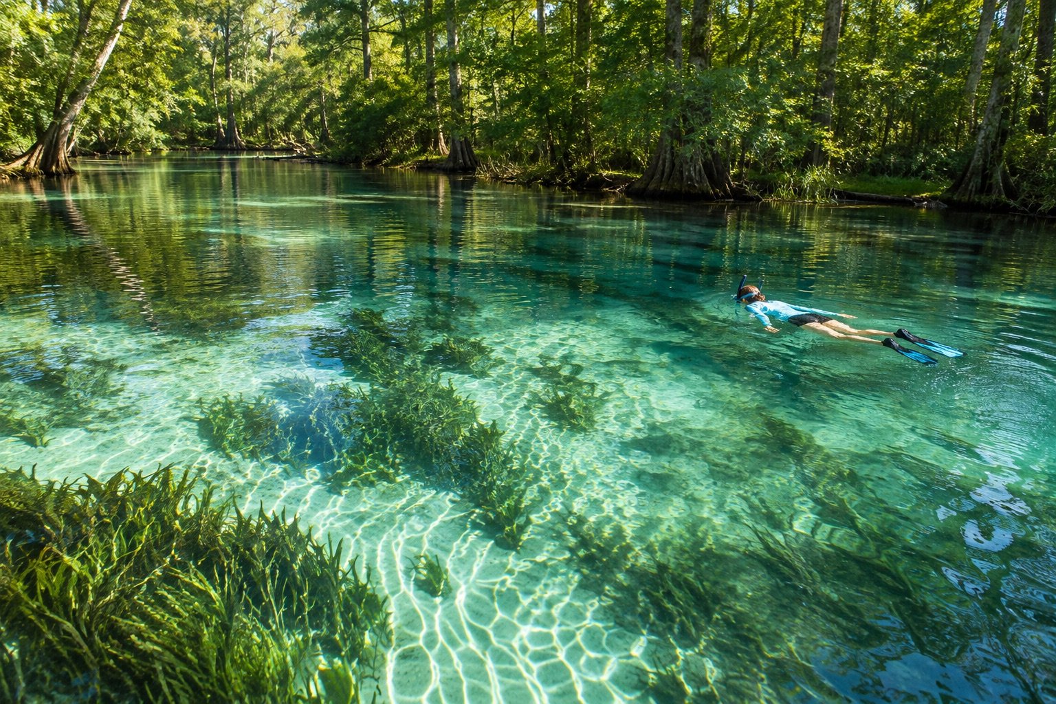 AI-generated illustration: A snorkeler exploring clear spring water.