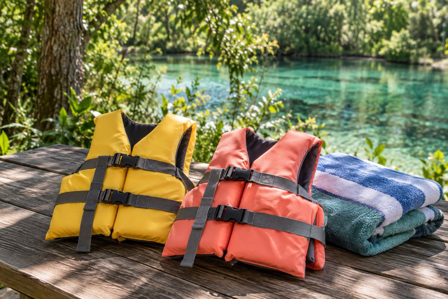 AI-generated illustration: Life jackets prepared for a family spring outing.