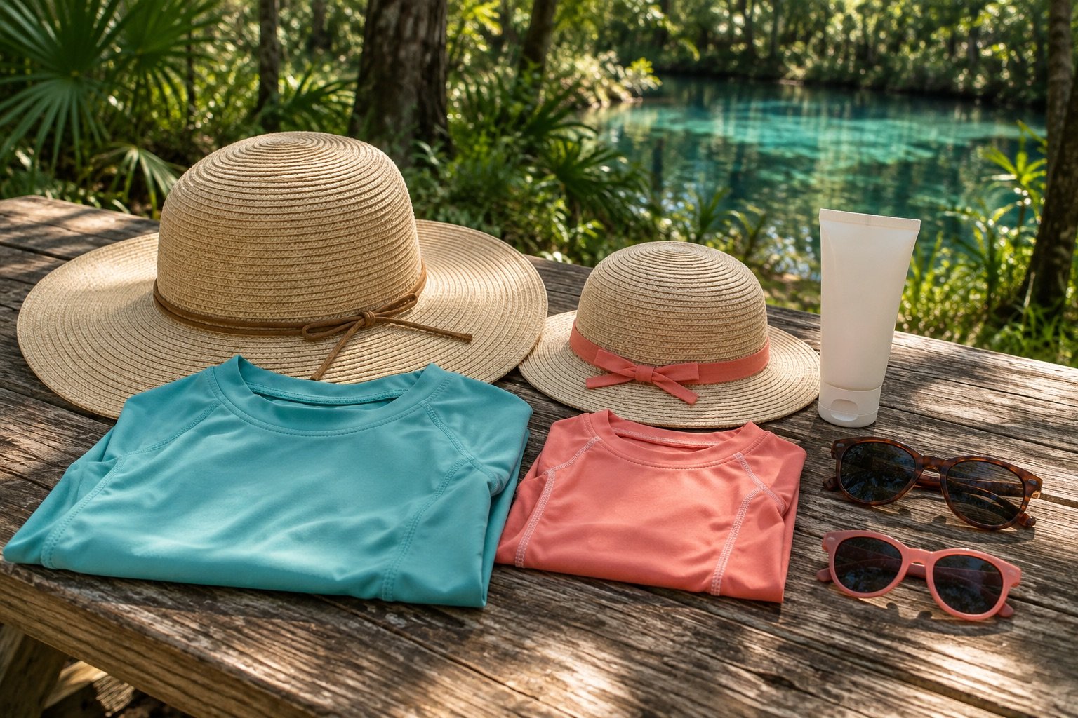 AI-generated illustration: Sunhat, sunglasses and sun protection for a spring outing.
