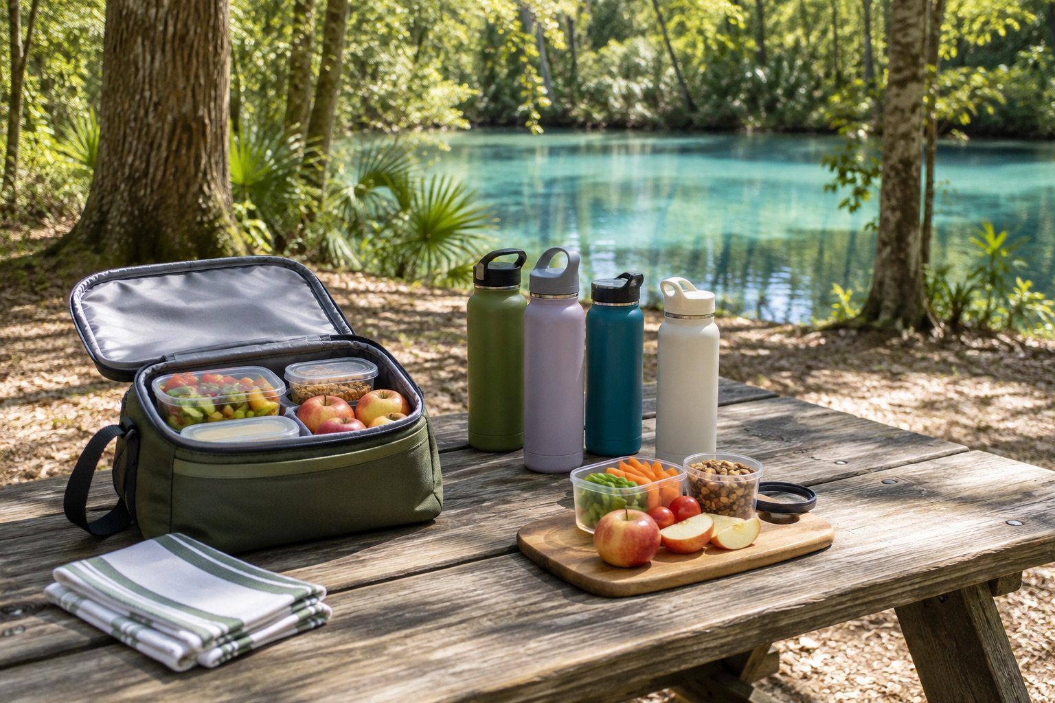 AI-generated illustration: Reusable water bottles and picnic supplies.